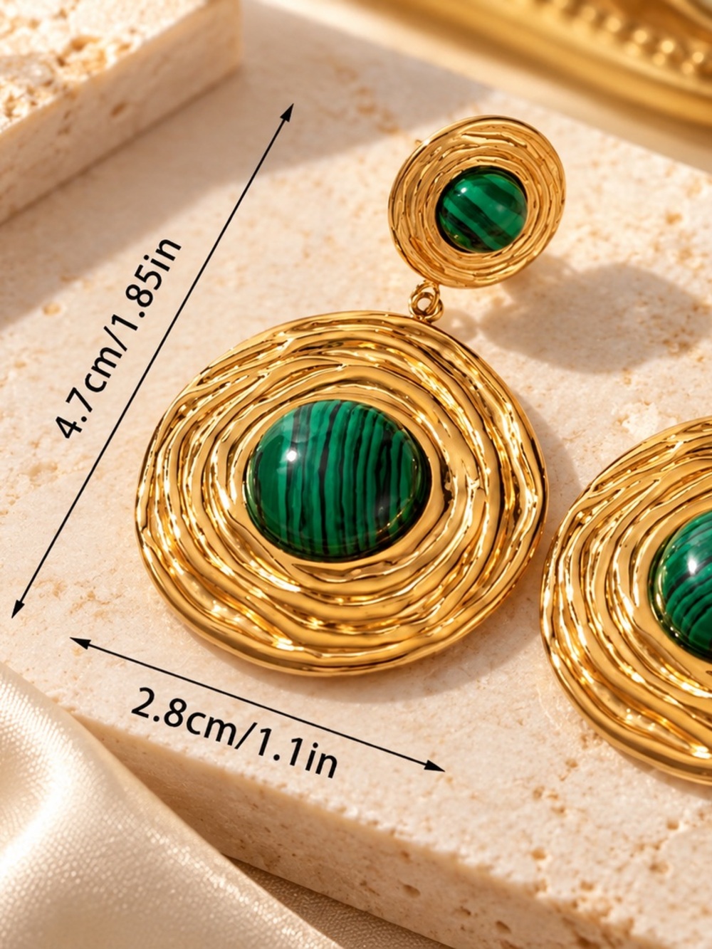 Gold Drop Earrings with Green Stone Accent - Picture 4 of 5